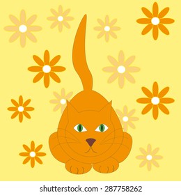 Vector illustration of red cat on the yellow background with flowers
