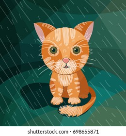 Vector illustration of a red cat in the rain