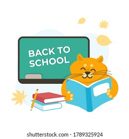 Vector illustration of red cat reading a book around blackboard and autumn leaves. Back to school concept. Kids illustration. School, college banner or flyer. Student or pupil card concept
