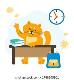 Vector illustration of red cat at the school Desk with workbooks, school bag and autumn leaves. Kids illustration. School, college banner or flyer. Student or pupil card concept