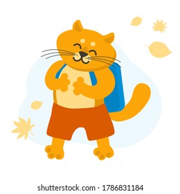 Vector illustration of red cat with schoolbag and autumn leaves going to school. Back to school concept. Kids illustration. School, college banner or flyer. Student or pupil card concept
