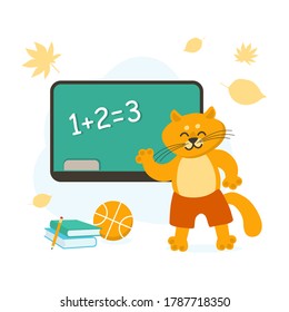 Vector illustration of red cat in red shorts around blackboard, books and pencil, ball and autumn leaves. Back to school concept. Kids illustration. School, college banner or flyer. 