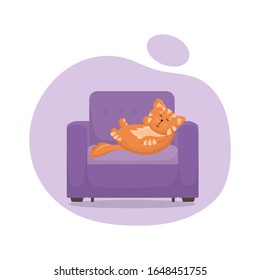 Vector illustration. Red cat sleeps on an armchair with a pillow