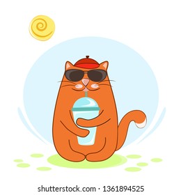 Vector illustration of a red cat in the summer with glasses drinking a milkshake