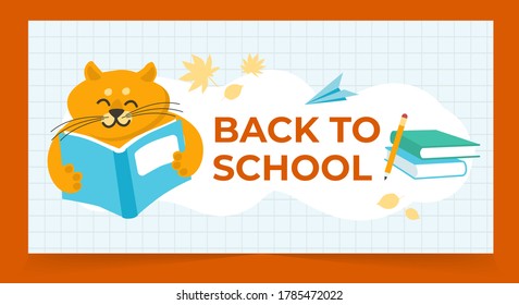 Ilustración vectorial del gato rojo con libro, plano de papel, libros y lápiz y hojas de otoño. De vuelta al concepto escolar. Ilustración infantil. Cartel o volante escolar, universitario. Concepto de tarjeta de estudiante o alumno