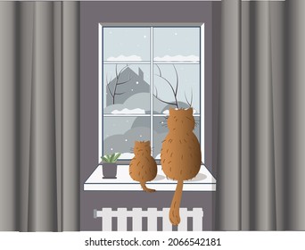 Vector illustration of red cats near winter window. Home, cosy place, mom and baby, waitng for a man