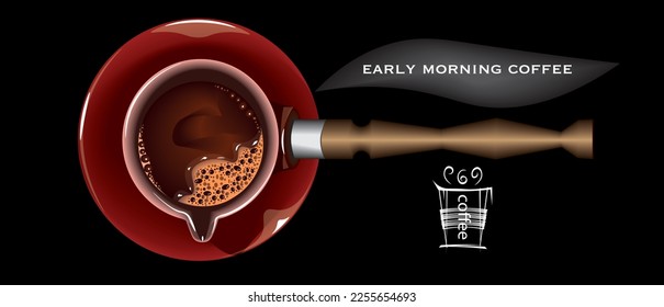 vector illustration of a red ceramic coffee maker, top view, on the black background.