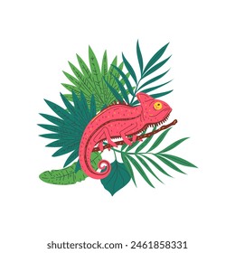 Vector illustration of a red chameleon sitting on a tree branch showing camouflage surrounded by tropical leaves. The cartoon reptile is perfect for wildlife concepts