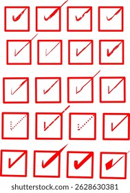 Vector illustration of a red checklist icon with different styled check marks. Consists of four square boxes indicating the status of a completed task. Suitable for use in user interface (UI) designs,