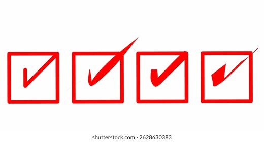 Vector illustration of a red checklist icon with different styled check marks. Consists of four square boxes indicating the status of a completed task. Suitable for use in user interface (UI) designs,