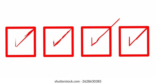 Vector illustration of a red checklist icon with different styled check marks. Consists of four square boxes indicating the status of a completed task. Suitable for use in user interface (UI) designs,