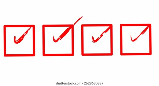 Vector illustration of a red checklist icon with different styled check marks. Consists of four square boxes indicating the status of a completed task. Suitable for use in user interface (UI) designs,