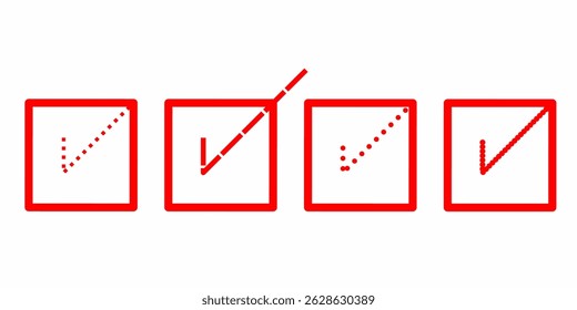 Vector illustration of a red checklist icon with different styled check marks. Consists of four square boxes indicating the status of a completed task. Suitable for use in user interface (UI) designs,