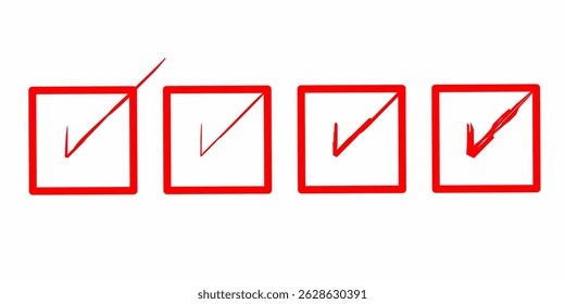 Ilustração vetorial de um ícone vermelho de lista de verificação com diferentes marcas de seleção de estilo. Consiste em quatro caixas quadradas que indicam o status de uma tarefa concluída. Adequado para utilização em projetos de interface do utilizador (IU),