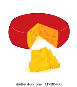 Vector illustration of red cheese wheel and two slices isolated on white