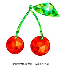 Ilustración vectorial de cerezas rojas en polos bajos, estilo poligonal, figuras geométricas.