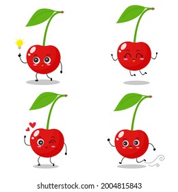 Vector illustration of red cherry character with cute expressions, berry isolated on white background, simple minimal style, fresh fruit for mascot collection, emoticon