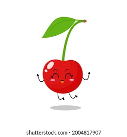 Vector illustration of red cherry character with cute expressions, jump, happy, celebration, berry isolated on white background, simple minimal style, fresh fruit for mascot collection, emoticon