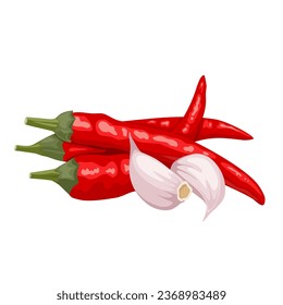 Vector illustration, red chili and garlic cloves, sriracha sauce seasoning, isolated on white background.