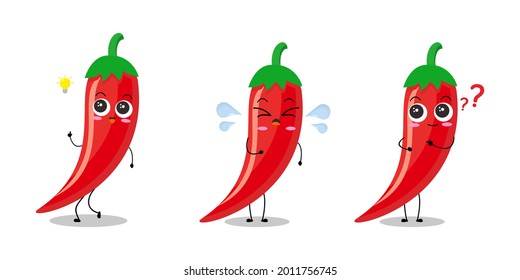 Vector illustration of red chili pepper character with cute expression, funny, isolated on white background, vegetable for mascot collection, emoticon kawaii, cayenne,  adorable, lovely