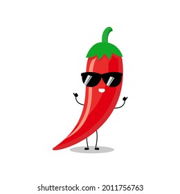 Vector illustration of red chili pepper character with cute expression, funny, isolated on white background, vegetable for mascot collection, emoticon kawaii, cayenne, cool, sunglasses, thumb up