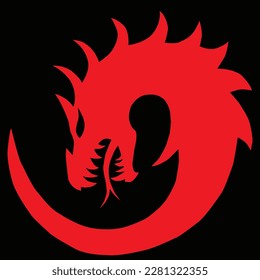 Vector illustration of a red Chinese dragon on black background, Chinese dragon tattoo. Sticker silhouette red Dragon.