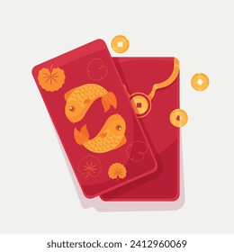 Vector illustration with red Chinese envelopes with fish images. Golden carps. Envelope for money.