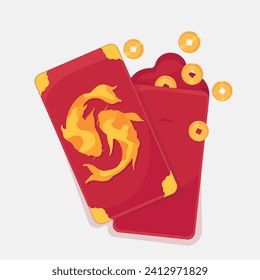 Vector illustration with red Chinese envelopes with fish images. Golden carps. Envelope for money.