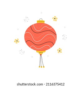 Vector illustration of red chinese lantern isolated on white background. Traditional hanging decoration. Cartoon flat style.	