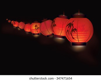 Vector illustration of red Chinese paper lanterns arranged as garland