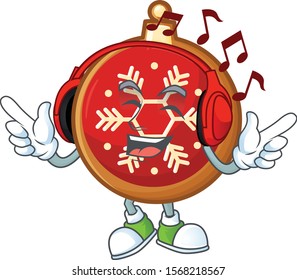 Vector illustration of red christmas ball cartoon style listening music.