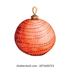 Vector illustration. Red Christmas ball. Glass Christmas toy. Watercolor and paper texture. A ball decorated with beads.
