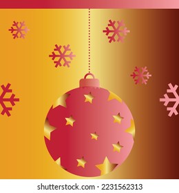 Vektorgrafik von Rotweihnachtsball mit goldfarbenen Sternen-Dekoration auf goldfarbenen Hintergründen mit roten Schneeflocken