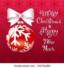 Vector illustration of Red Christmas ball with bow on red background with snowflakes. Lettering merry Christmas and happy New year. Template greeting cards.