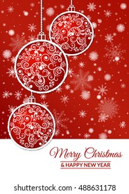 Vector illustration. Red Christmas balls decorated with a delicate pattern on a background of falling snowflakes. Design for greeting cards, banners, posters.