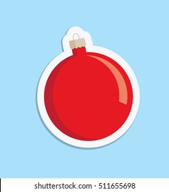 A vector illustration of a red Christmas bauble decoration with a white surround on a light blue background