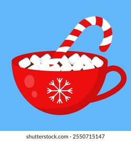 Ilustração vetorial de uma xícara de Natal vermelha com marshmallows de cacau e cana-de-doce 