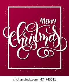 vector illustration of red christmas greeting card with rectangle frame and hand lettering label - merry christmas.