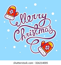 Vector illustration of red christmas mittens with hand written text on blue background. Bright color. Hand draw line art design for web,advertising, banner, poster, postcard, print and greeting card. 