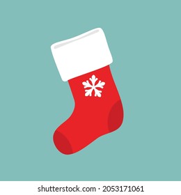 Vector illustration red christmas present sock with snowflake. Christmas sock
