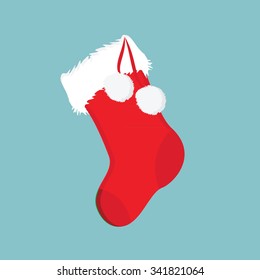 Vector illustration red christmas present sock with white pom pom. Christmas sock