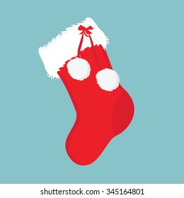 Vector illustration red christmas present sock with white pom pom. Christmas sock