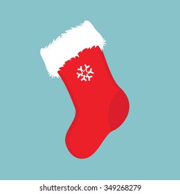 Vector illustration red christmas present sock with snowflake. Christmas sock