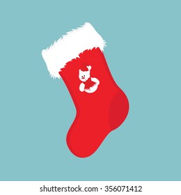 Vector illustration red christmas present sock with snowman. Christmas sock