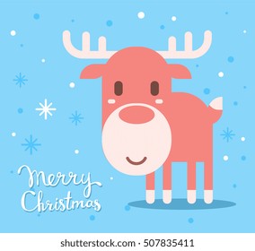 Vector illustration of red christmas reindeer with handwritten text merry christmas on blue background with snowflakes. Hand draw flat style design for web, site, banner, poster, print, greeting card