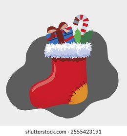 vector illustration of red christmas socks and christmas gift box,candy on gray background isolated