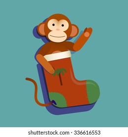 Vector illustration of red Christmas stocking sock with monkey year 2016