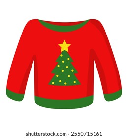 Vector illustration of a red Christmas sweater with a green Christmas tree and a yellow star