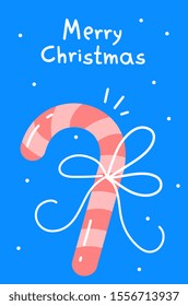 Vector illustration of red christmas sweet caramel cane with text merry christmas on blue background with snowflakes. Flat style design for web, site, banner, poster, print, greeting card