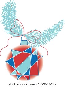 Vector illustration - red Christmas tree ball with a rectangular ornament and bow on a branch on white background